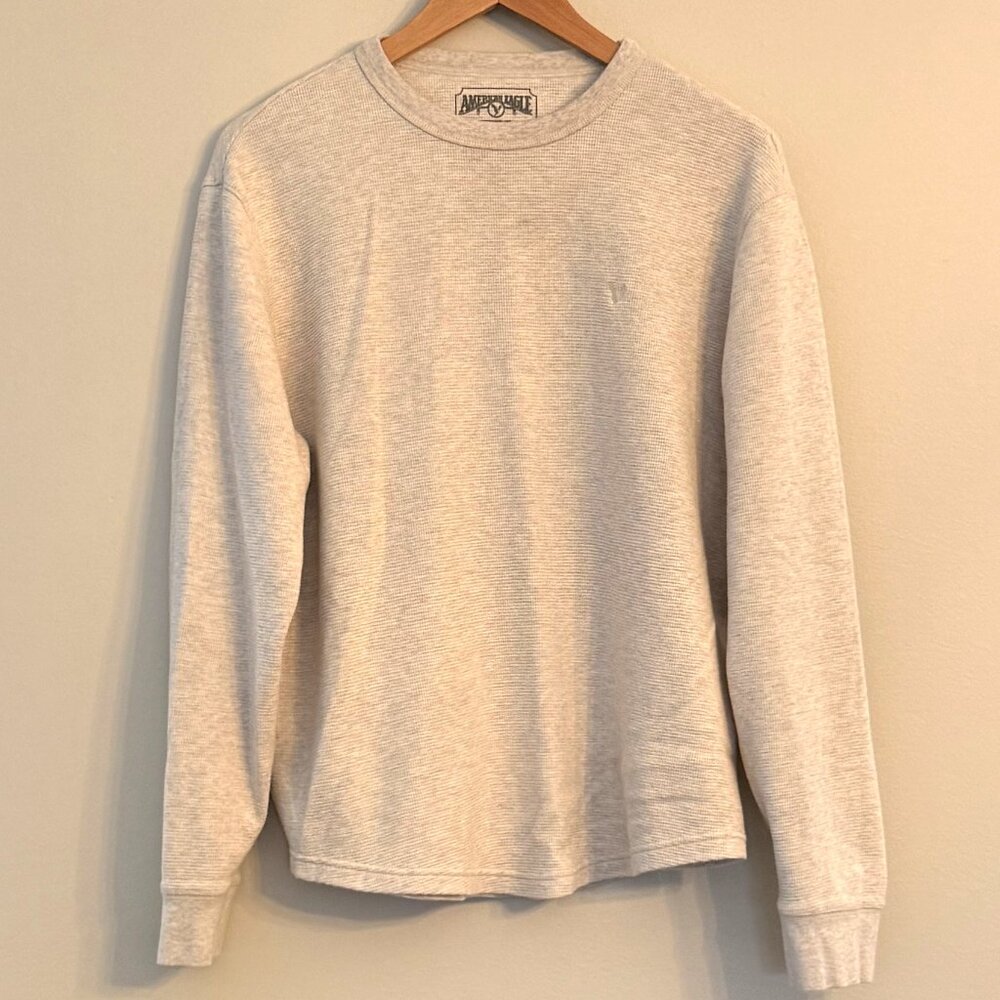 American Eagle Men's Grey Waffle Knit Thermal Long Sleeve Shirt